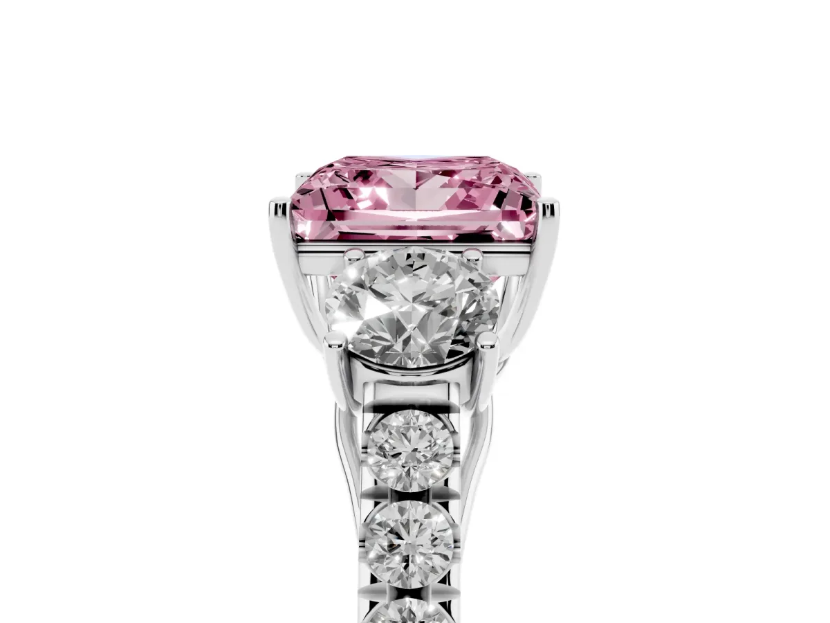 Fancy Pink Princess Cut Cut Diamond Three-Stone Ring with Round Side Stones and Pavé Band Silver