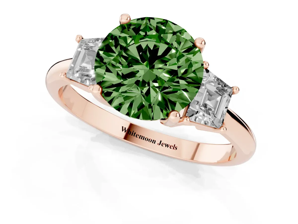 Fancy Green Round Cut Diamond Three-Stone Ring with Trapezoid Side Stones and Prong Setting Rose gold
