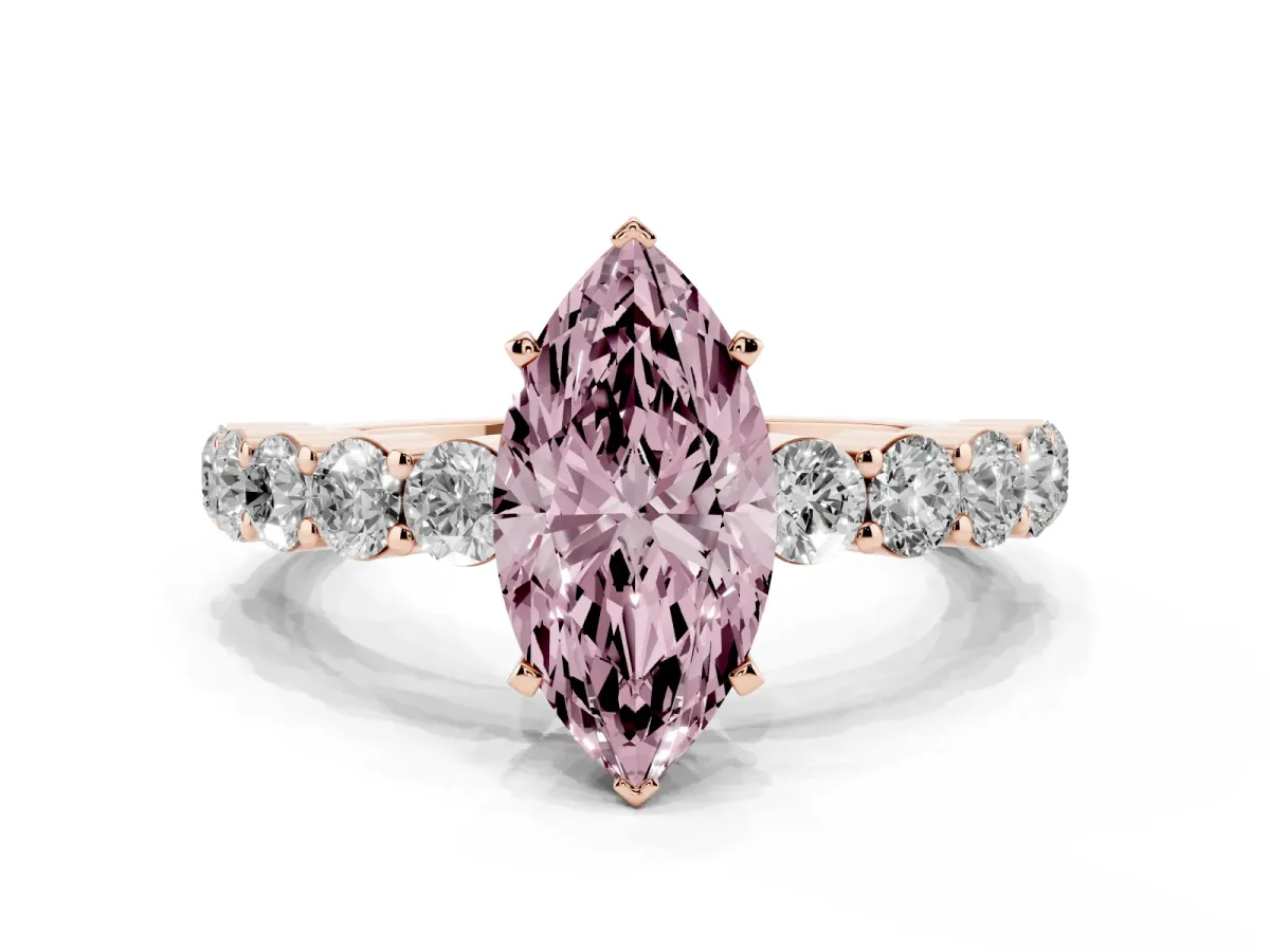 Fancy Pink Marquise Cut Diamond Solitaire Ring with Shared Prong Round Side Stones Rose gold