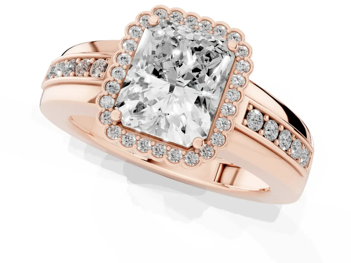 Radiant Cut Cut Halo Pave Band Four-Prong Ring Rose gold