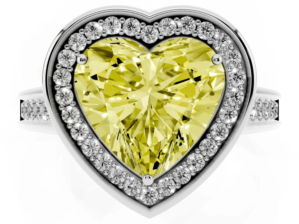 Fancy Yellow Heart Cut Halo Solitaire Diamond Ring with Pave Band and Bezel Setting Silver