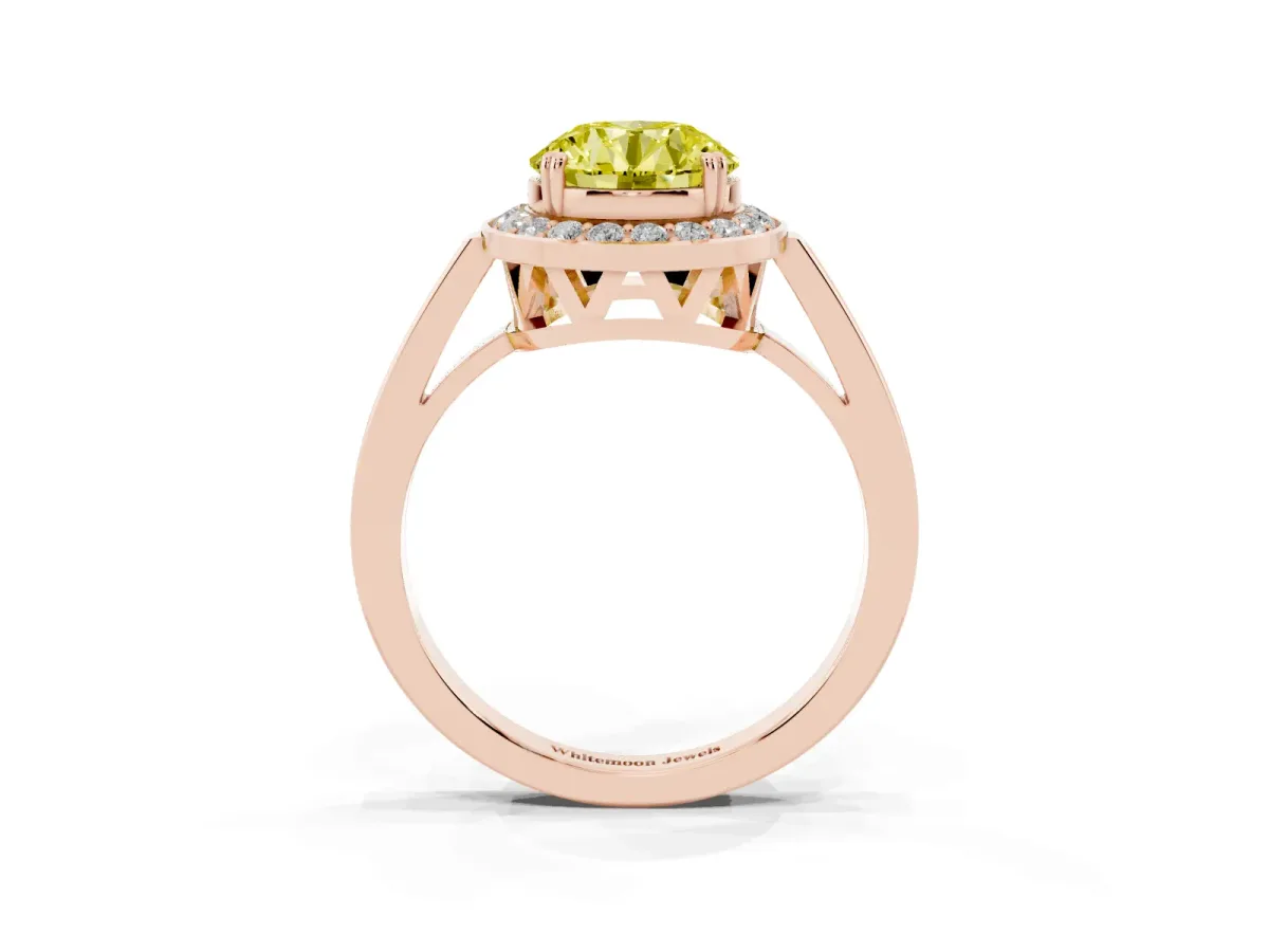 Fancy Yellow Round Cut Diamond Halo Ring with Split Shank and Four-Prong Setting Rose gold