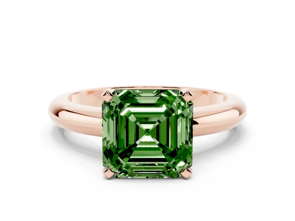Fancy Green Asscher Cut Diamond Solitaire Engagement Ring with Round Band and Four-Prong Setting Rose gold