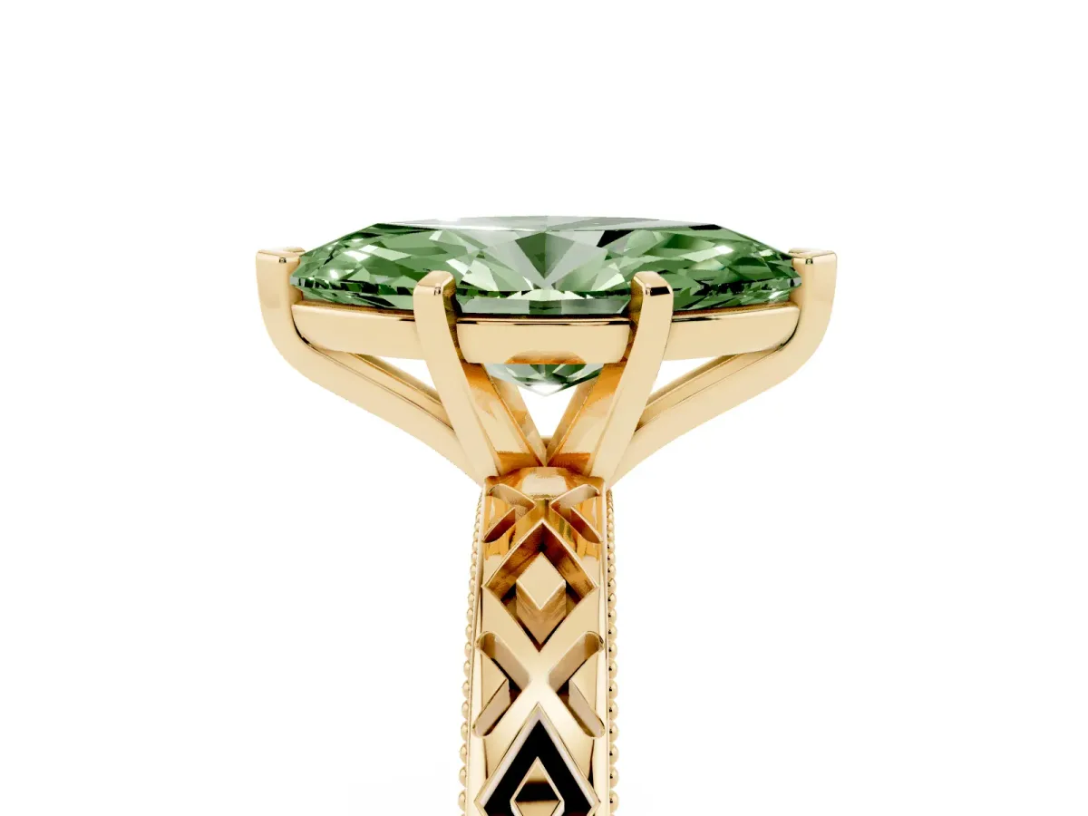 Fancy Green Marquise Cut Solitaire Diamond Ring with Milgrain and Black Enamel X Pattern Band Yellow gold