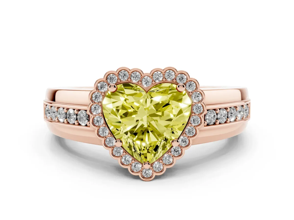 Fancy Yellow Heart Cut Cut Halo Pave Band Four-Prong Ring Rose gold