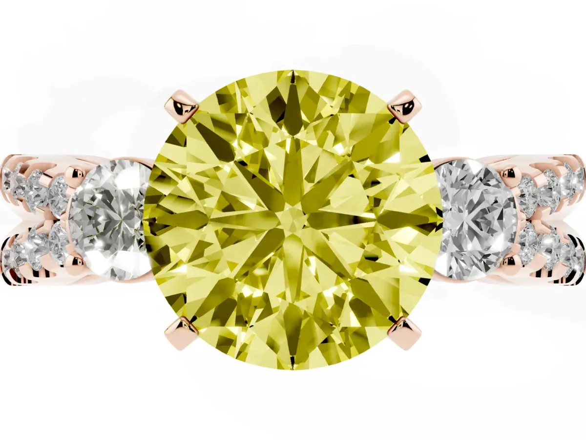 Fancy Yellow Round Cut Diamond Three-Stone Ring with Pavé Split Shank and Four-Prong Setting Rose gold