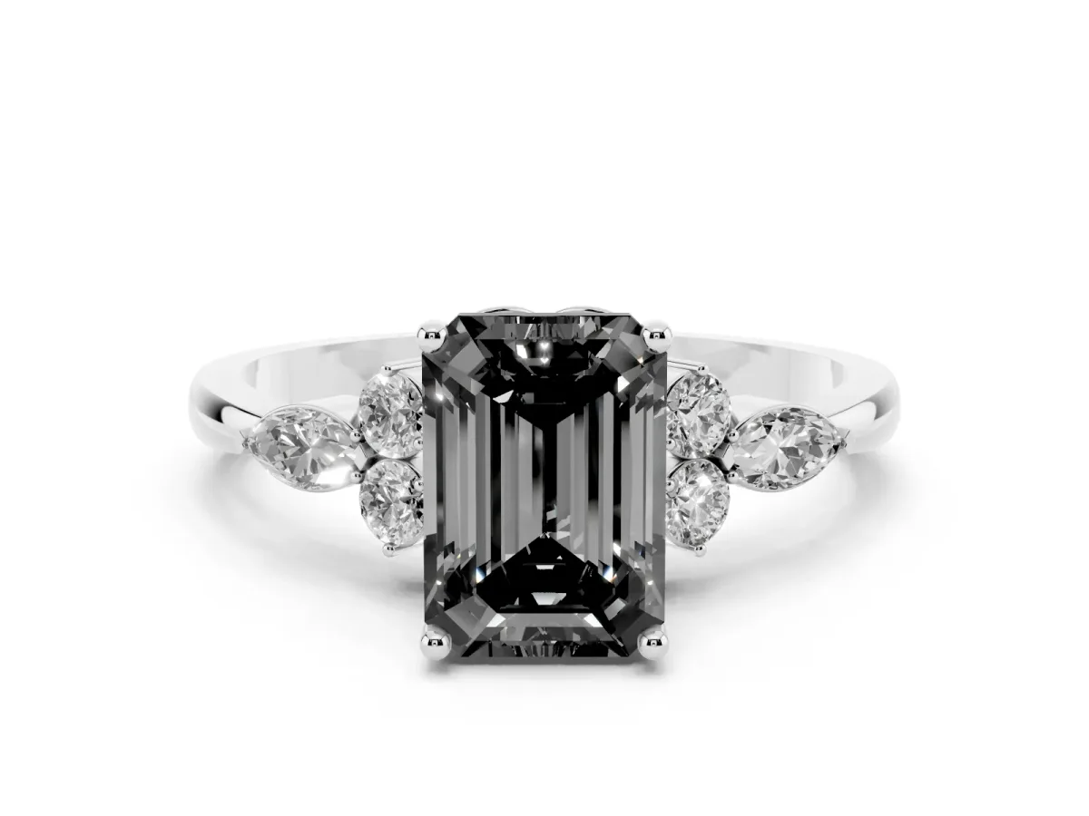 Fancy Black Emerald Cut Brilliant Diamond Solitaire Ring with Pear Side Stones and Four-Prong Setting Silver
