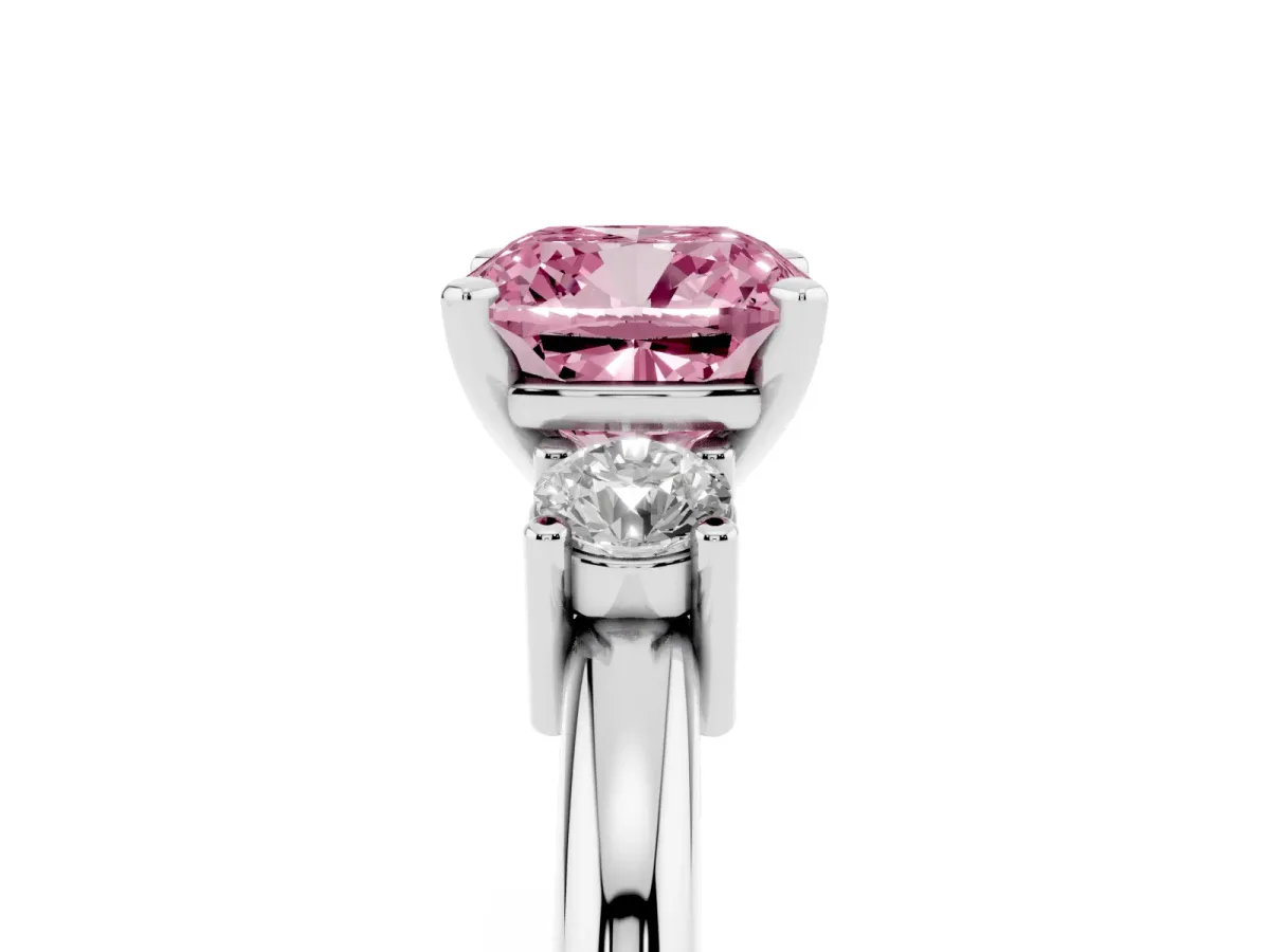 Fancy Pink Three-Stone Cushion Cut Cut Diamond Solitaire with Prong Setting and Classic Band White gold