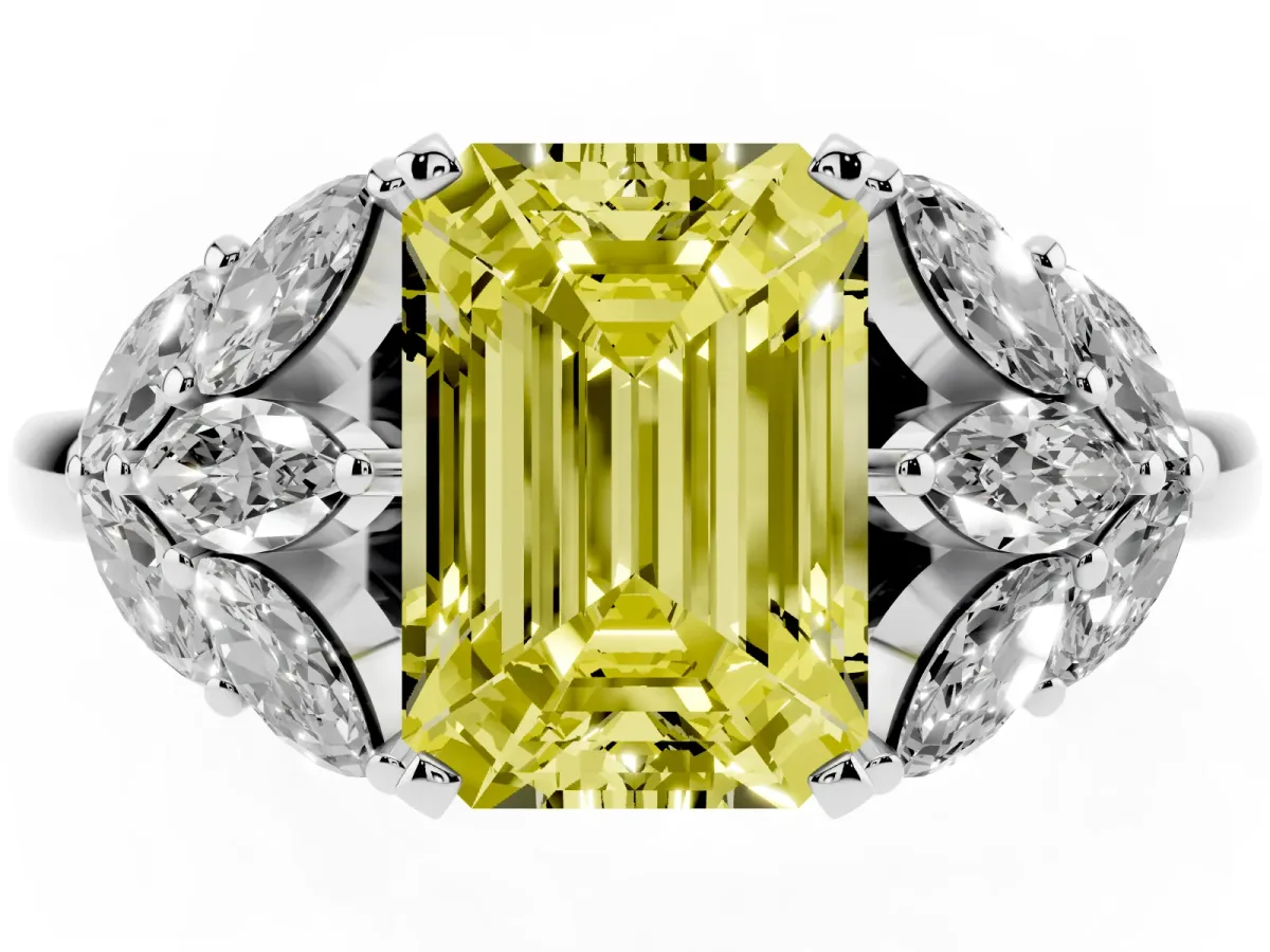 Fancy Yellow Emerald Cut Diamond Cluster Leaf Design Ring with Prong Setting White gold