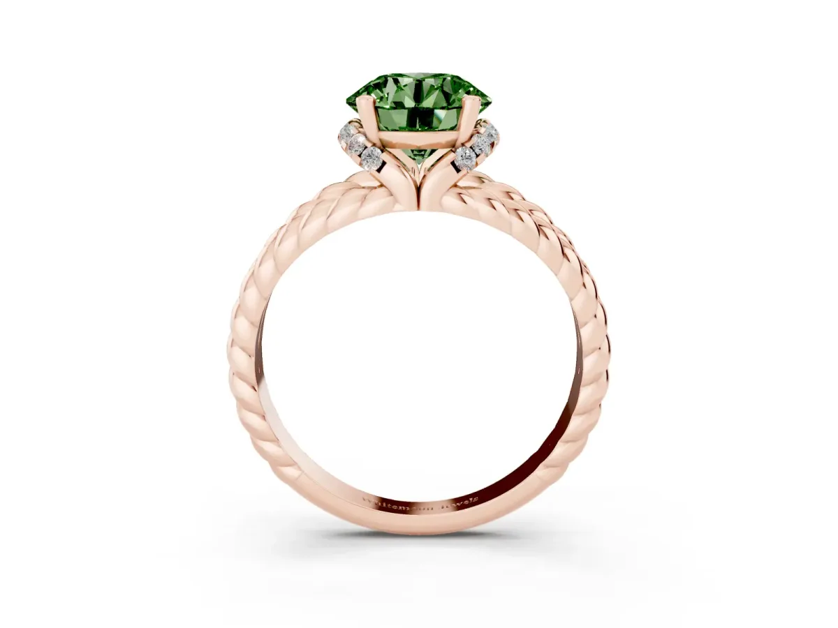 Fancy Green Round Cut Halo Twisted Band Four-Prong Ring Rose gold