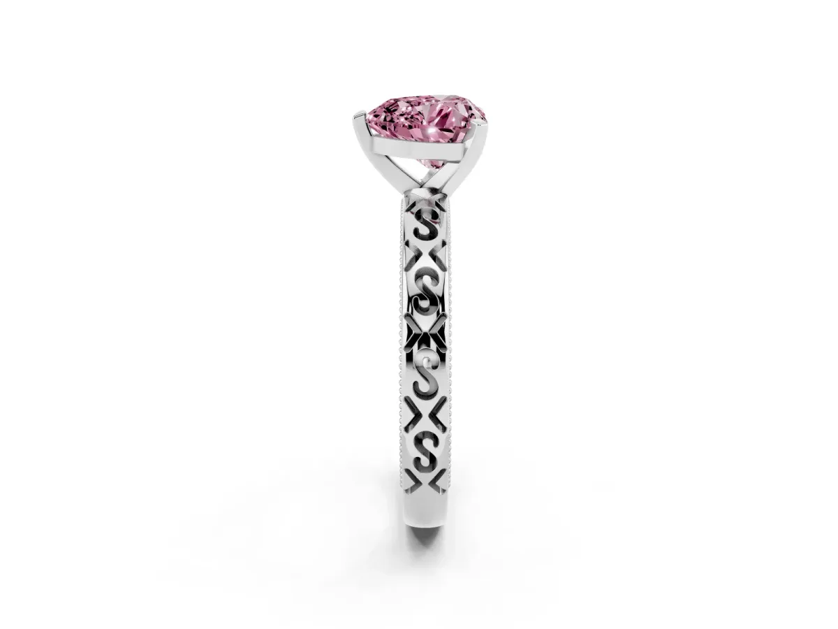 Fancy Pink Heart Cut Solitaire Engagement Ring with Scrollwork Band and Four-Prong Setting Platinum