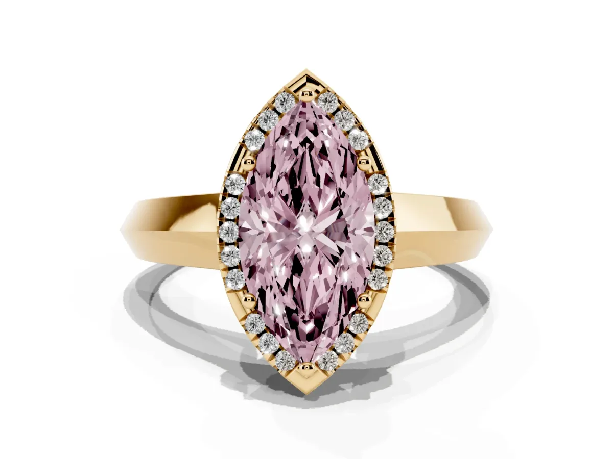 Fancy Pink Marquise Cut Halo Diamond Ring with Cathedral Band and Four-Prong Setting Yellow gold