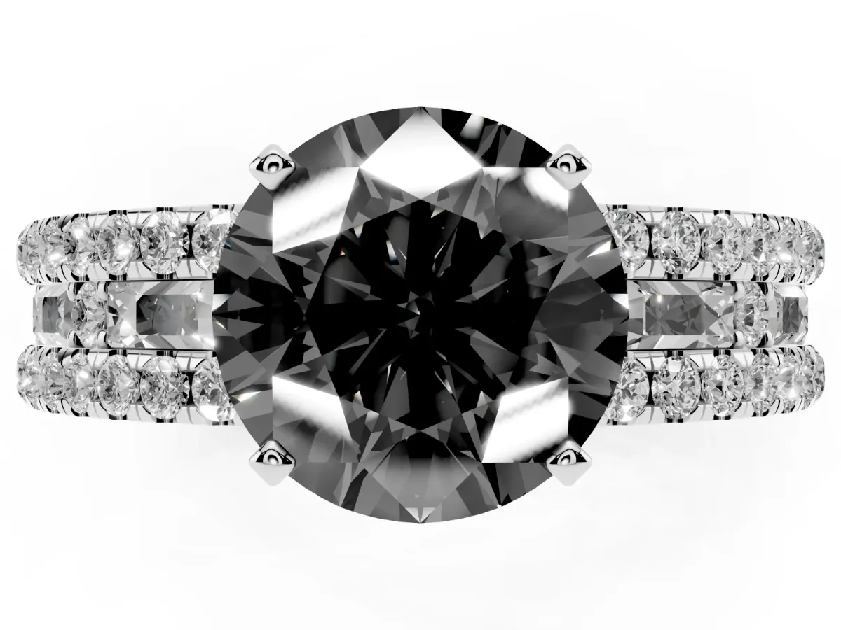Fancy Black Round Cut Diamond Solitaire Ring with Pavé and Channel Set Band Silver