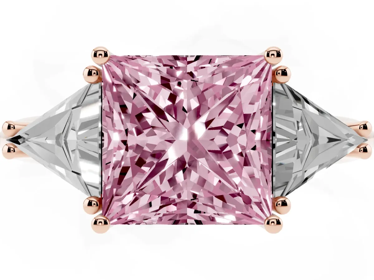 Fancy Pink Three-Stone Princess Cut Diamond Engagement Ring with Trillion Side Stones and Prong Setting Rose gold