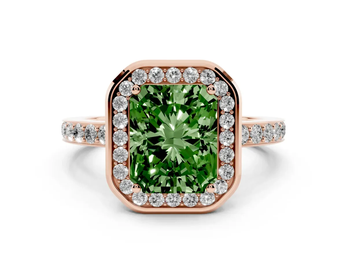 Fancy Green Radiant Cut Diamond Halo Ring with Bezel Frame and Pavé Band Rose gold
