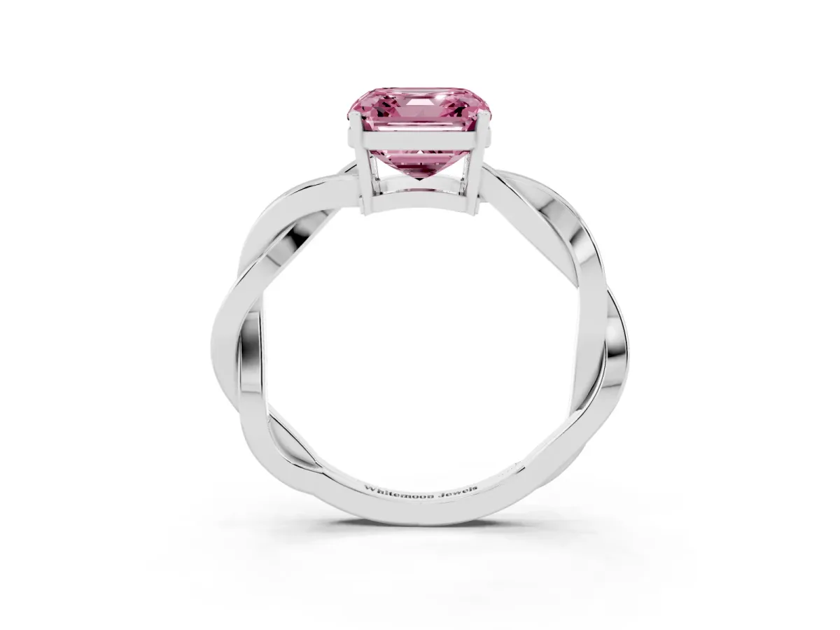 Fancy Pink Asscher Cut Solitaire Twisted Pave Diamond Ring with Four-Prong Setting Silver