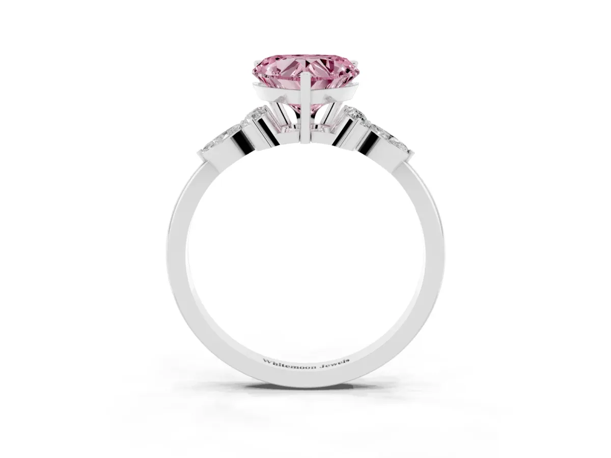 Fancy Pink Heart Cut Brilliant Diamond Solitaire Ring with Pear Side Stones and Four-Prong Setting Platinum