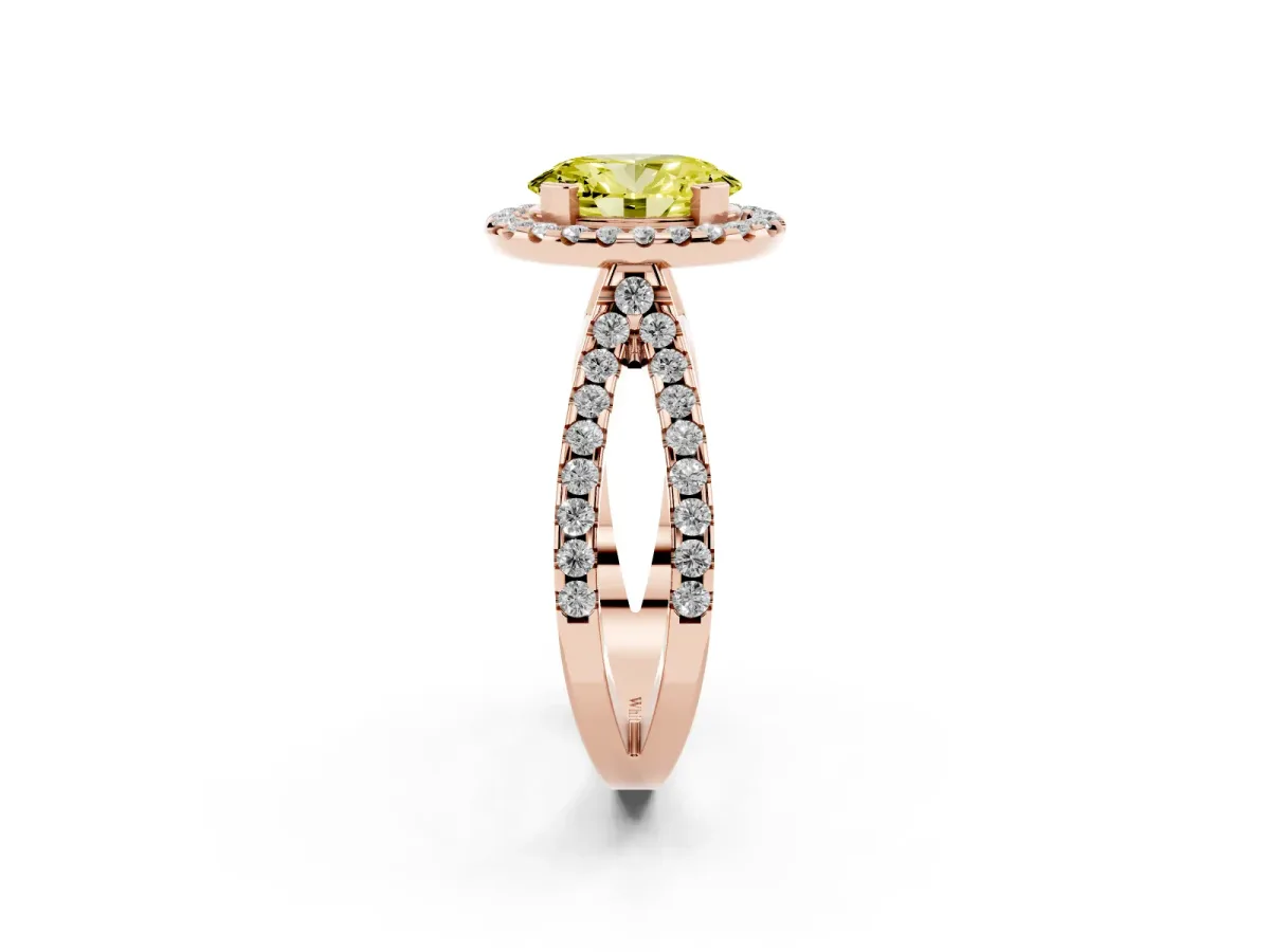 Fancy Yellow Oval Cut Diamond Halo Ring with Split Shank Pavé Band and Prong Setting Rose gold
