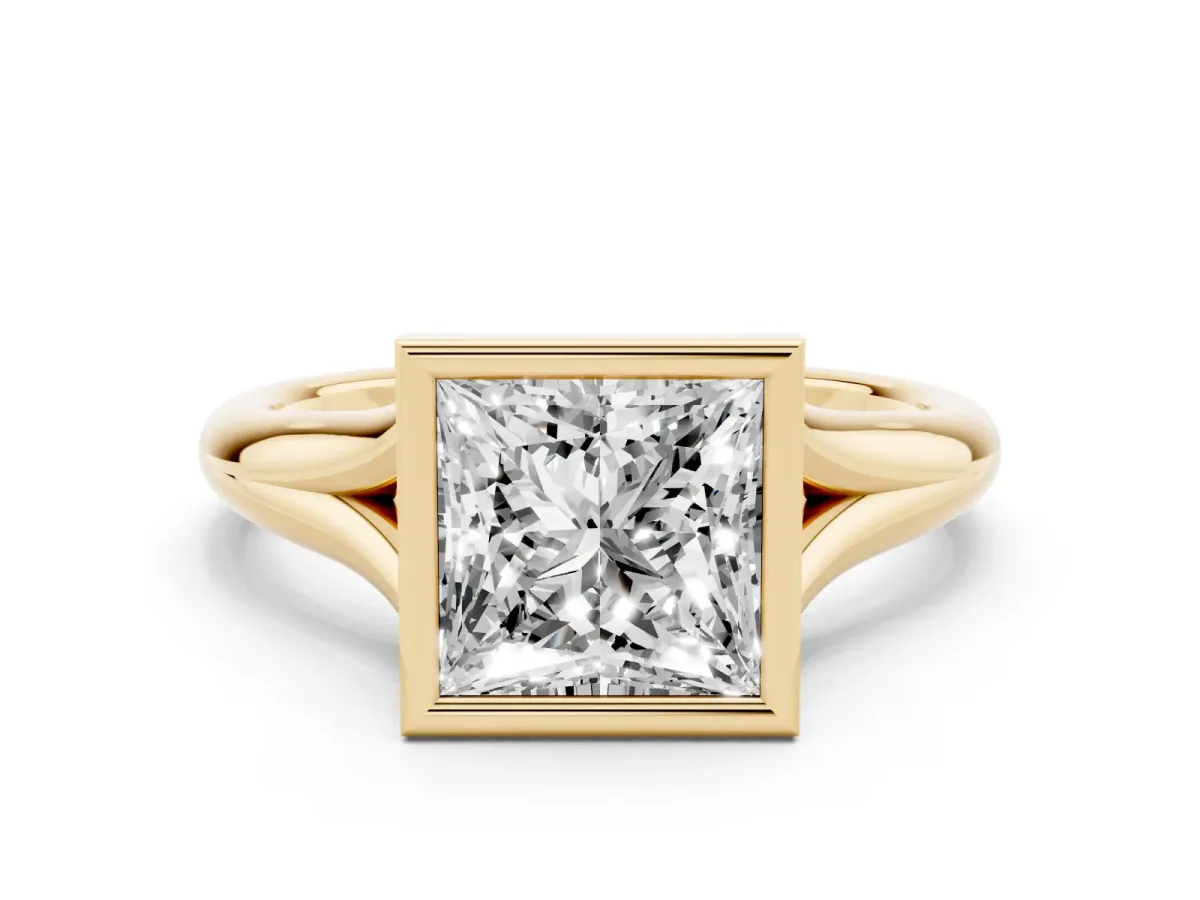 Bezel Set Princess Cut Solitaire Diamond Ring with Smooth Band Yellow gold