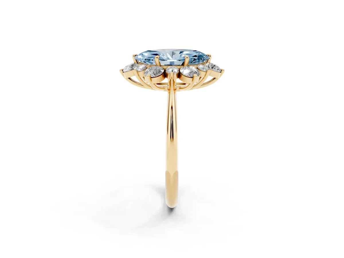 Fancy Blue Marquise Cut Diamond Cluster Halo Ring with Solitaire Band and Four-Prong Setting Yellow gold