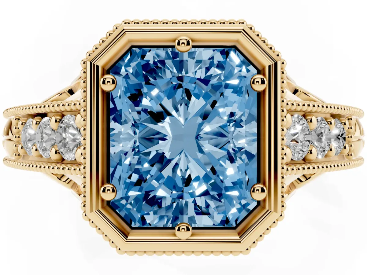 Fancy Blue Bezel Set Radiant Cut Diamond Milgrain Pave Engagement Ring Yellow gold