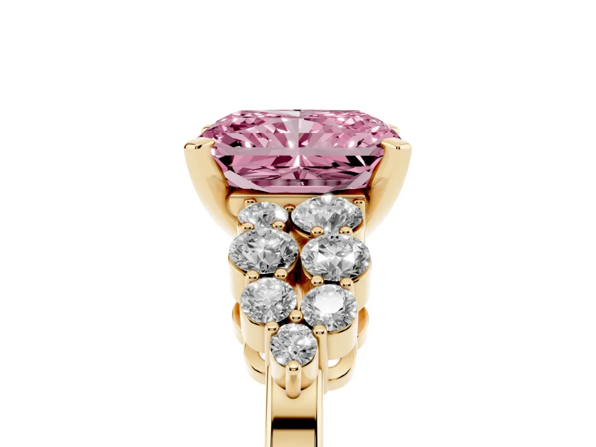 Fancy Pink Radiant Cut Cluster Diamond Engagement Ring with Pavé Band and Four-Prong Setting Yellow gold