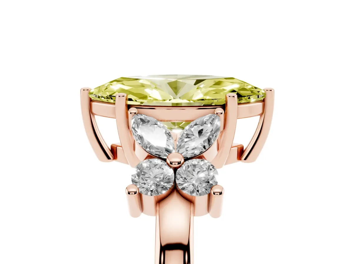 Fancy Yellow Marquise Cut Diamond Floral Cluster Ring with Solitaire Band and Prong Setting Rose gold