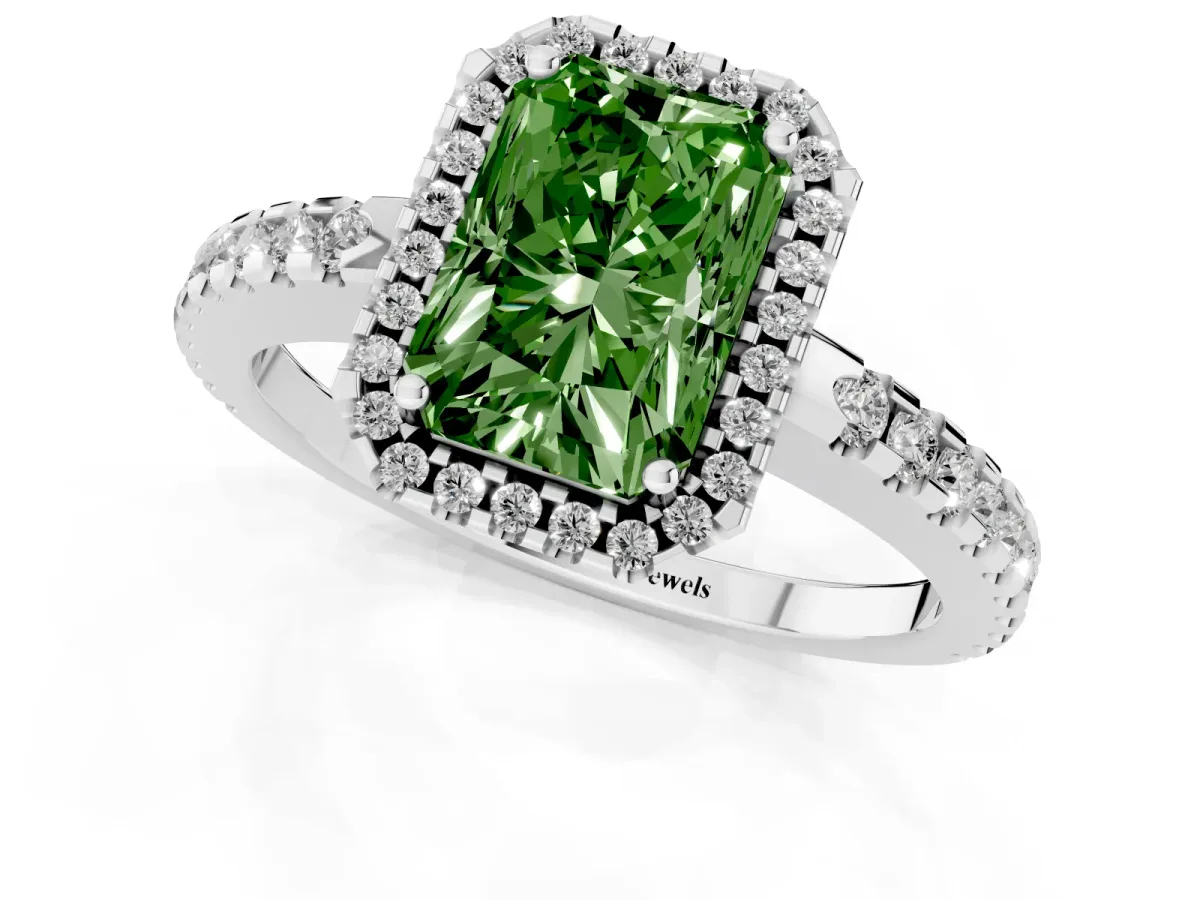 Fancy Green Radiant Cut Diamond Halo Engagement Ring with Pavé Band and Prong Setting Platinum