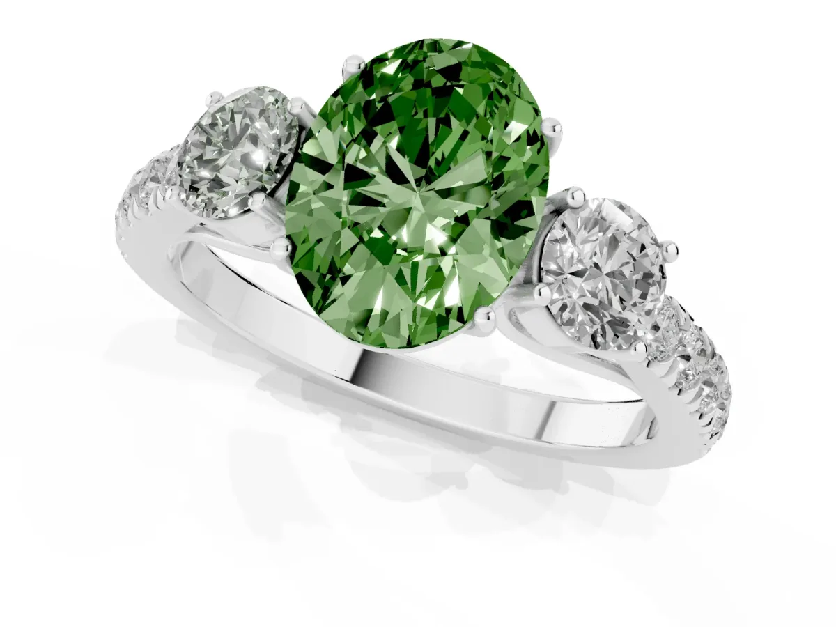 Fancy Green Oval Cut Cut Diamond Three-Stone Ring with Round Side Stones and Pavé Band Platinum