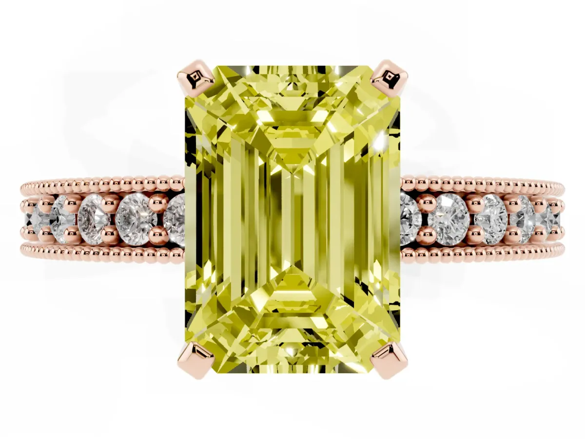 Fancy Yellow Emerald Cut Diamond Milgrain Pavé Engagement Ring with Four-Prong Setting Rose gold
