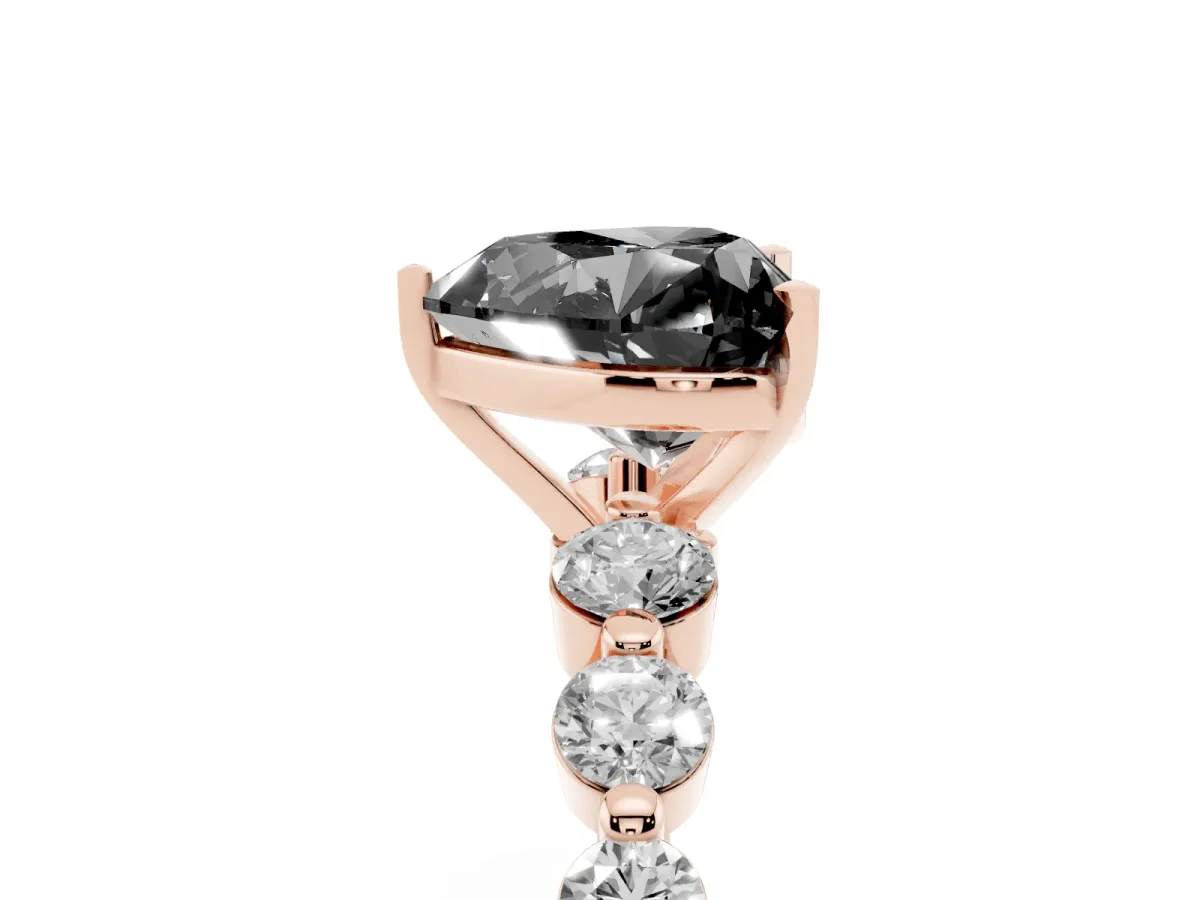 Fancy Black Heart Cut Solitaire Diamond Ring with Pave Band and Four-Prong Setting Rose gold