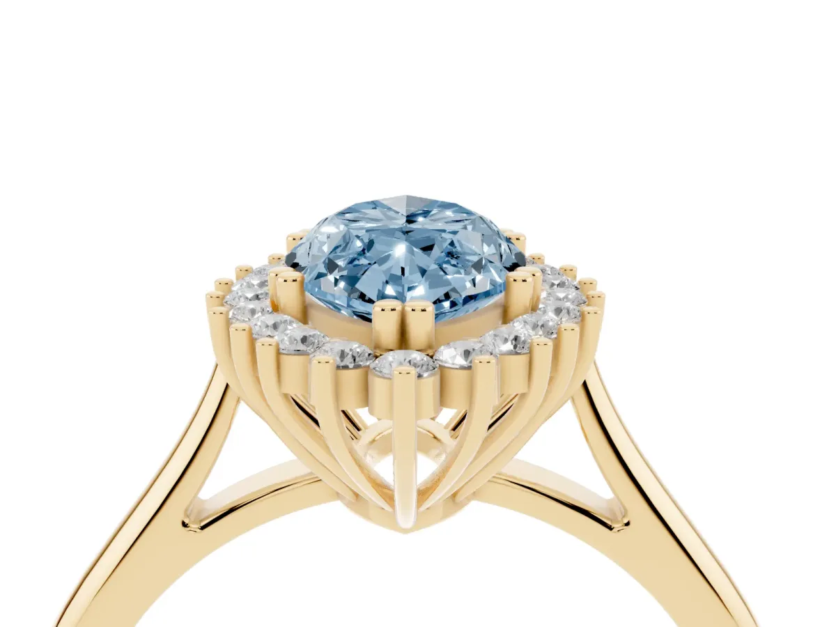Fancy Blue Marquise Cut Cut Diamond Halo Ring with Solitaire Band and Prong Setting Yellow gold