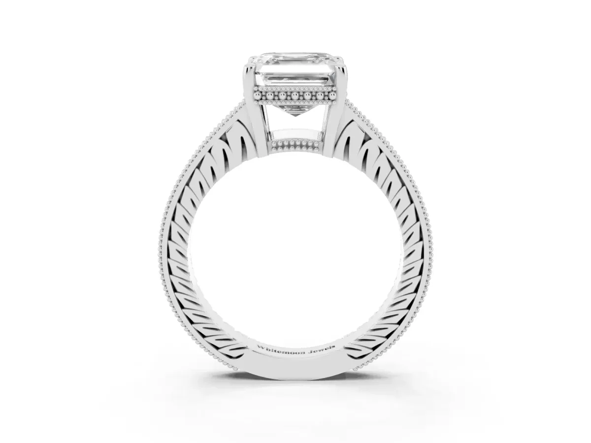 Asscher Cut Solitaire Pavé Diamond Milgrain Engagement Ring with Four-Prong Setting Silver