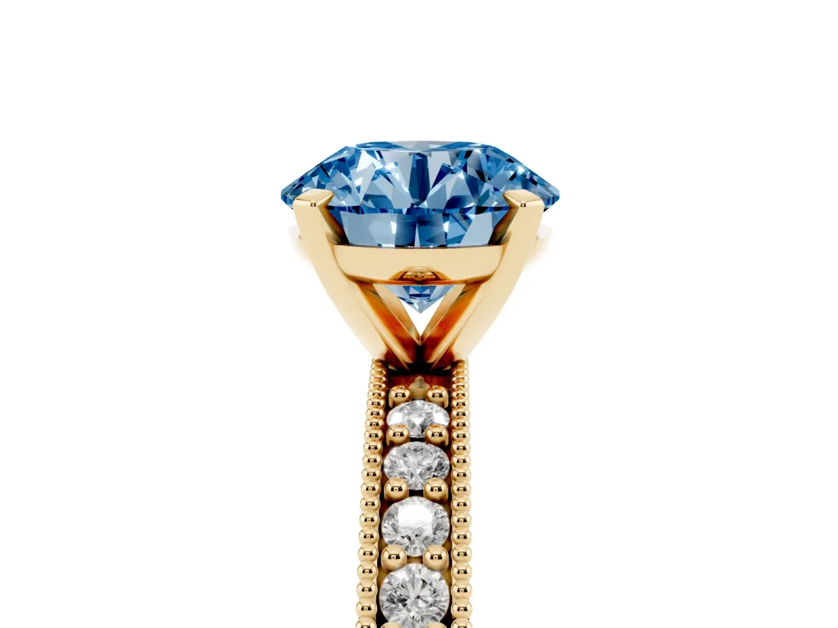 Fancy Blue Round Cut Diamond Milgrain Pavé Engagement Ring with Four-Prong Setting Yellow gold