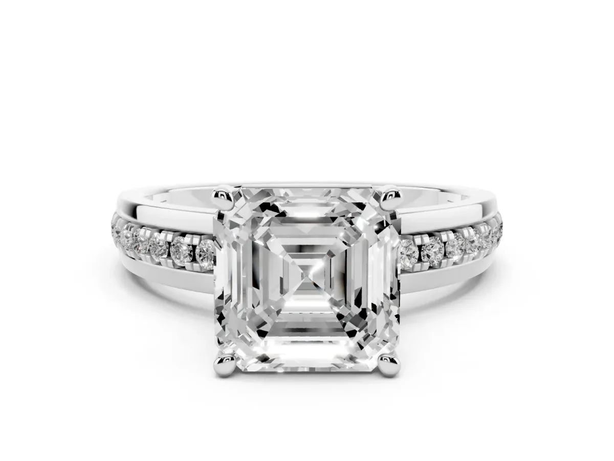 Asscher Cut Solitaire Diamond Ring with Channel Set Band and Six-Prong Setting Silver