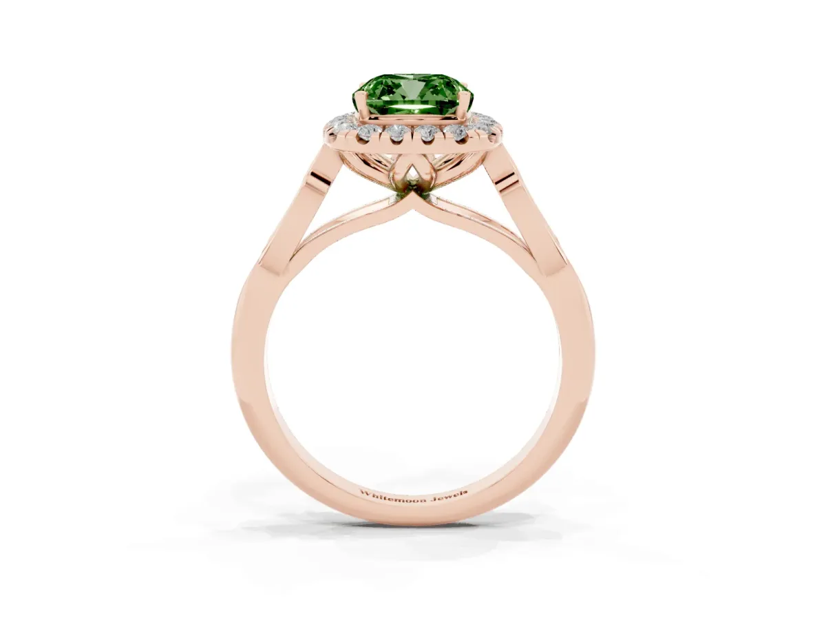 Fancy Green Cushion Cut Halo Diamond Engagement Ring with Filigree Band and Four-Prong Setting Rose gold