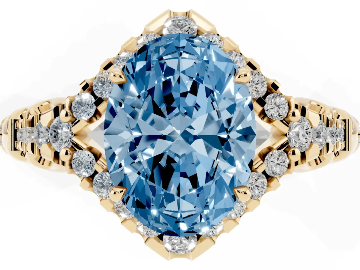 Fancy Blue Oval Cut Diamond Solitaire Ring with Hidden Halo and Pavé Band Yellow gold