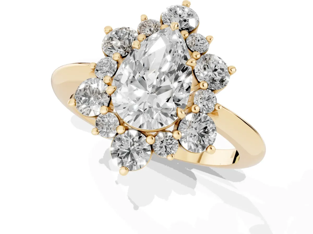 Pear Cut Diamond Cluster Halo Ring with Solitaire Band and Four-Prong Setting Yellow gold