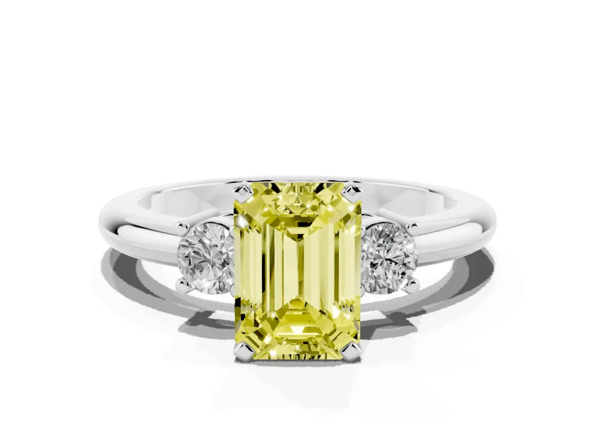 Fancy Yellow Three-Stone Emerald Cut Cut Diamond Solitaire with Prong Setting and Classic Band Silver