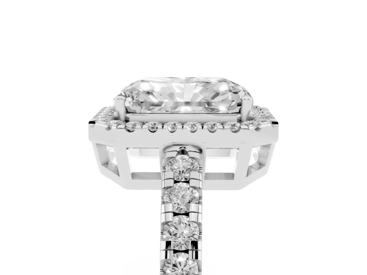 Radiant Cut Diamond Halo Ring with Pavé Band and Four-Prong Setting White gold