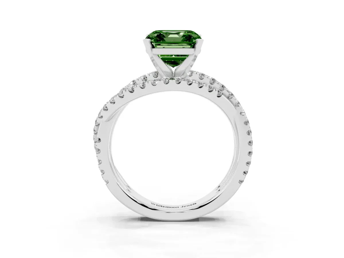 Fancy Green Asscher Cut Solitaire Twist Band with Pavé Setting and Four-Prong Setting Silver