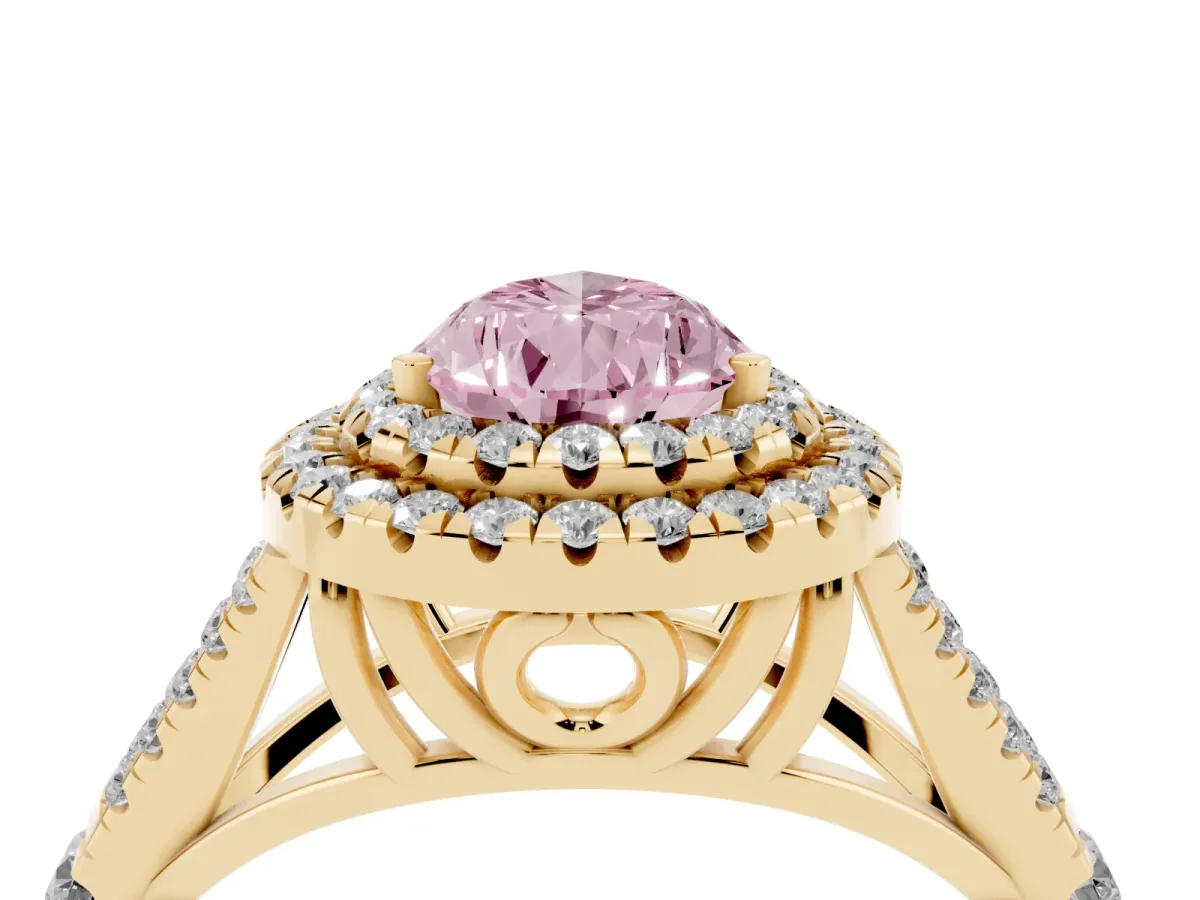 Fancy Pink Double Halo Pear Cut Diamond Split Shank Engagement Ring with Four-Prong Setting Yellow gold