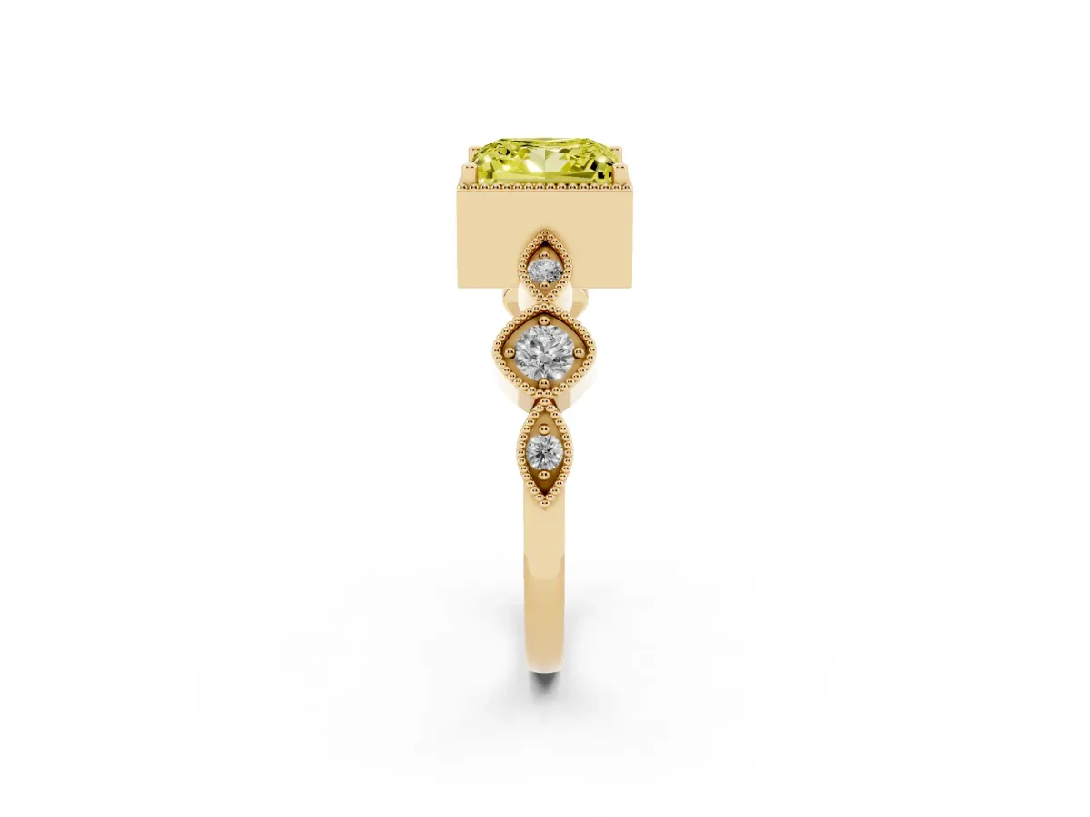 Fancy Yellow Princess Cut Diamond Vintage Milgrain Ring with Round Stations Yellow gold