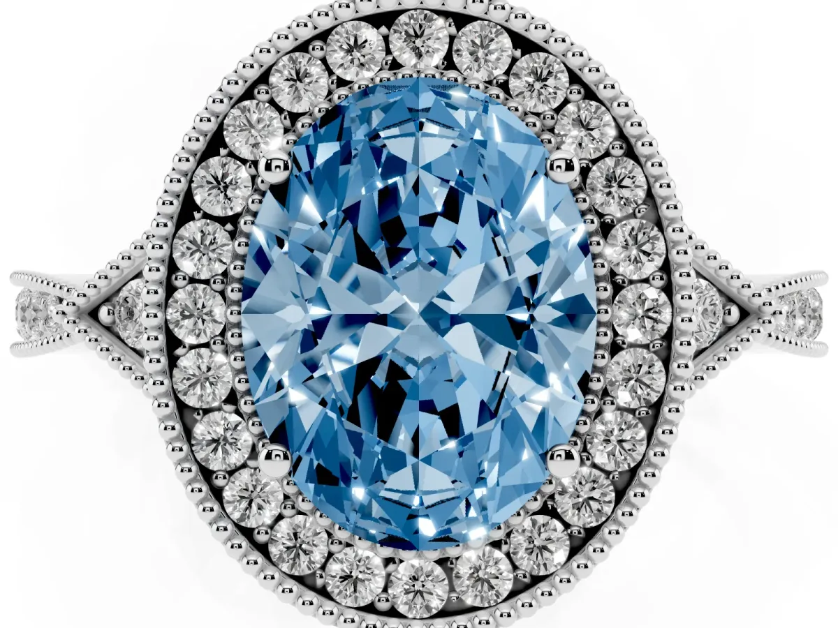 Fancy Blue Oval Cut Halo Round Diamond Milgrain Pave Engagement Ring Silver