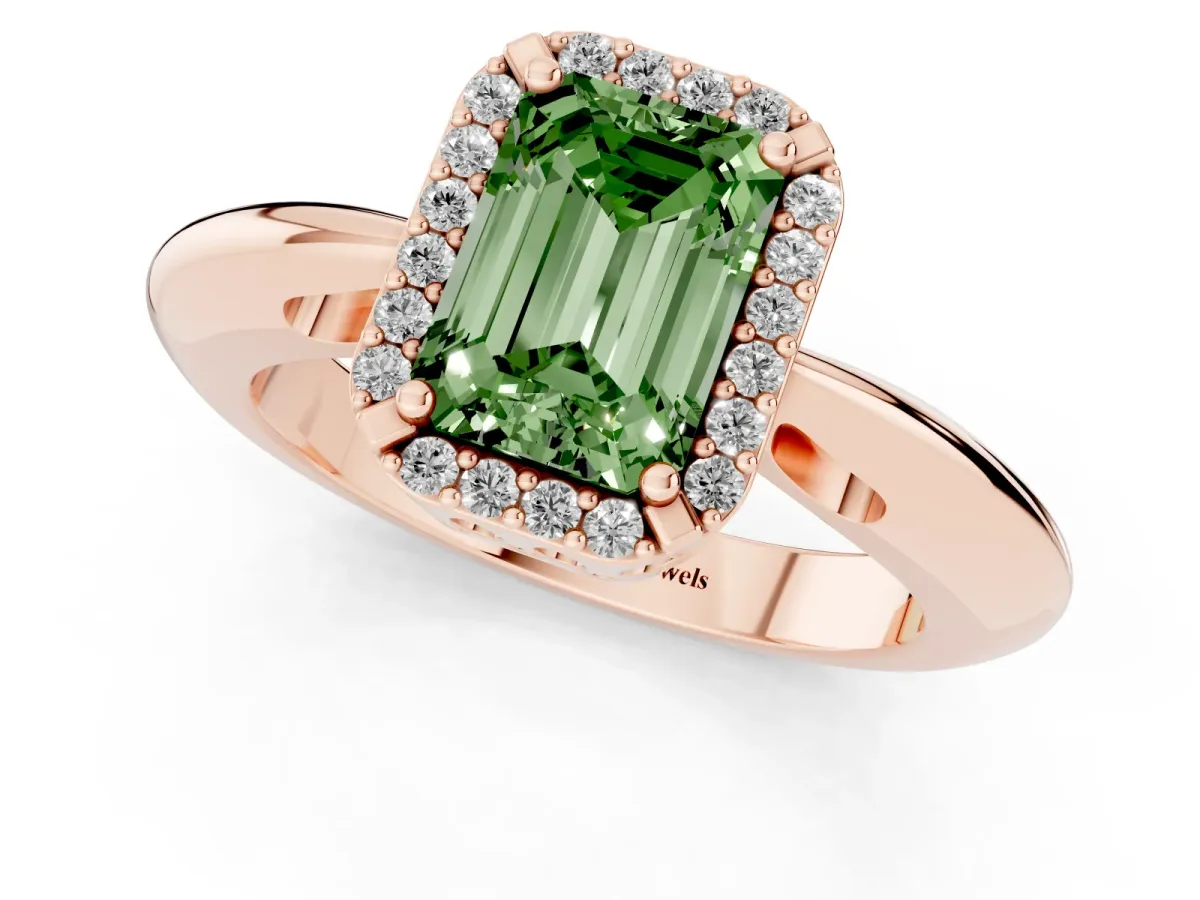 Fancy Green Emerald Cut Cut Diamond Halo Engagement Ring with Split Shank and Four-Prong Setting Rose gold