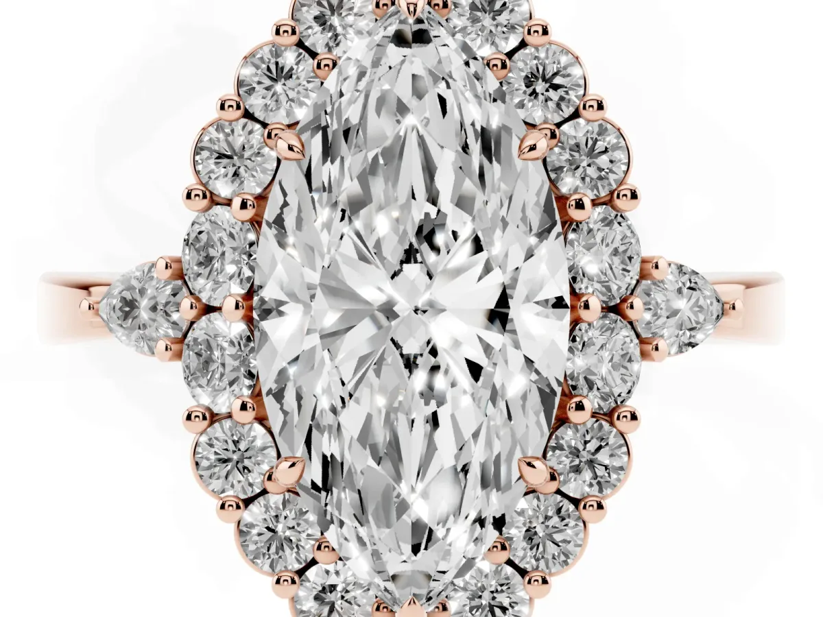 Marquise Cut Diamond Halo Ring with Pear Side Stones and Prong Setting Rose gold