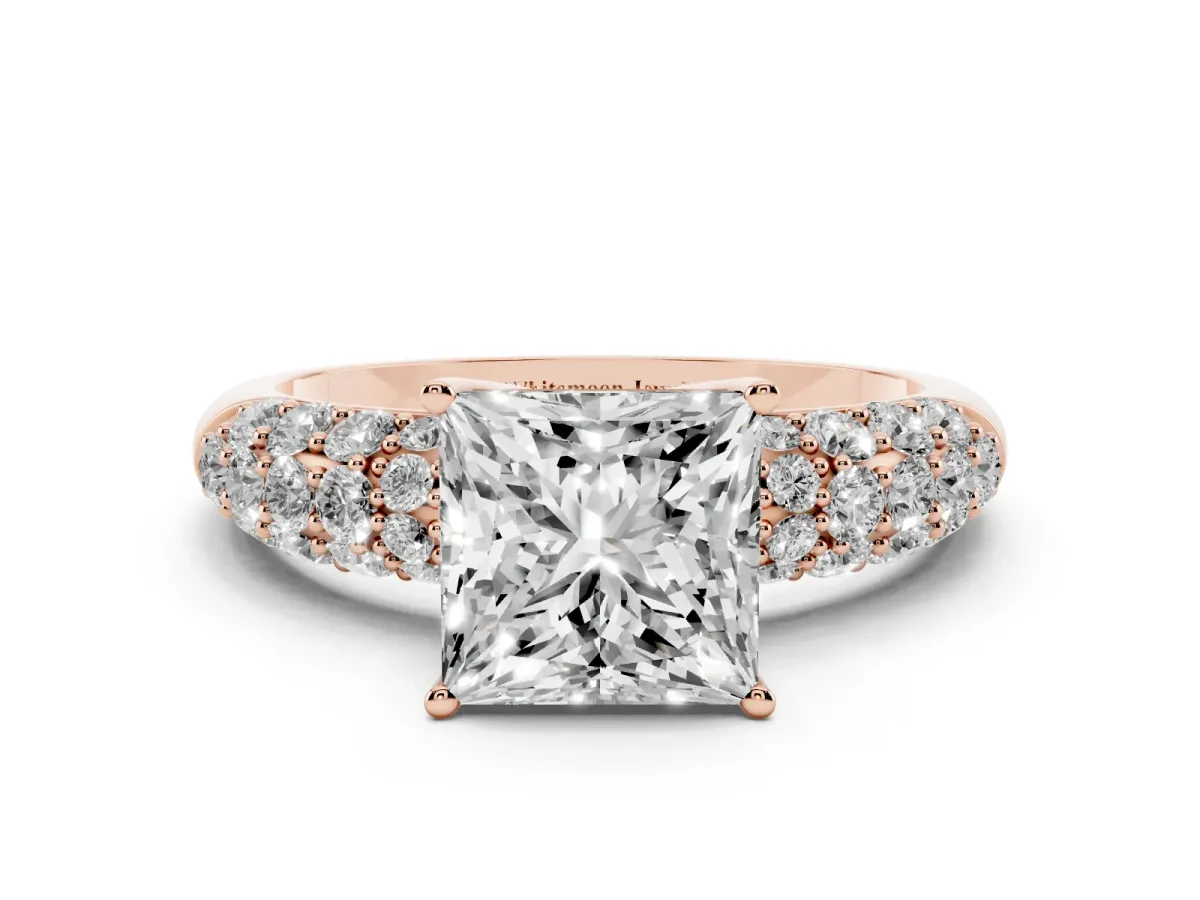 Princess Cut Diamond Pavé Band Solitaire Ring with Four-Prong Setting Rose gold