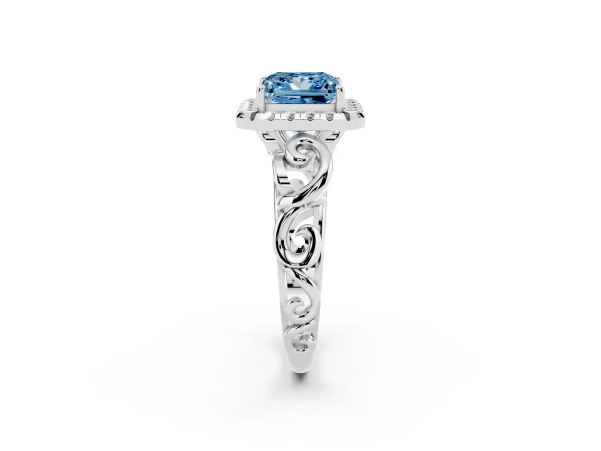 Fancy Blue Princess Cut Cut Halo Diamond Ring with Scrollwork Band and Four-Prong Setting Silver