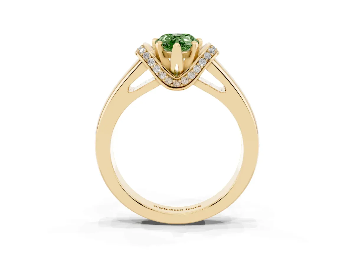 Fancy Green Pear Cut Solitaire Diamond Ring with Pave Band and Six-Prong Setting Yellow gold
