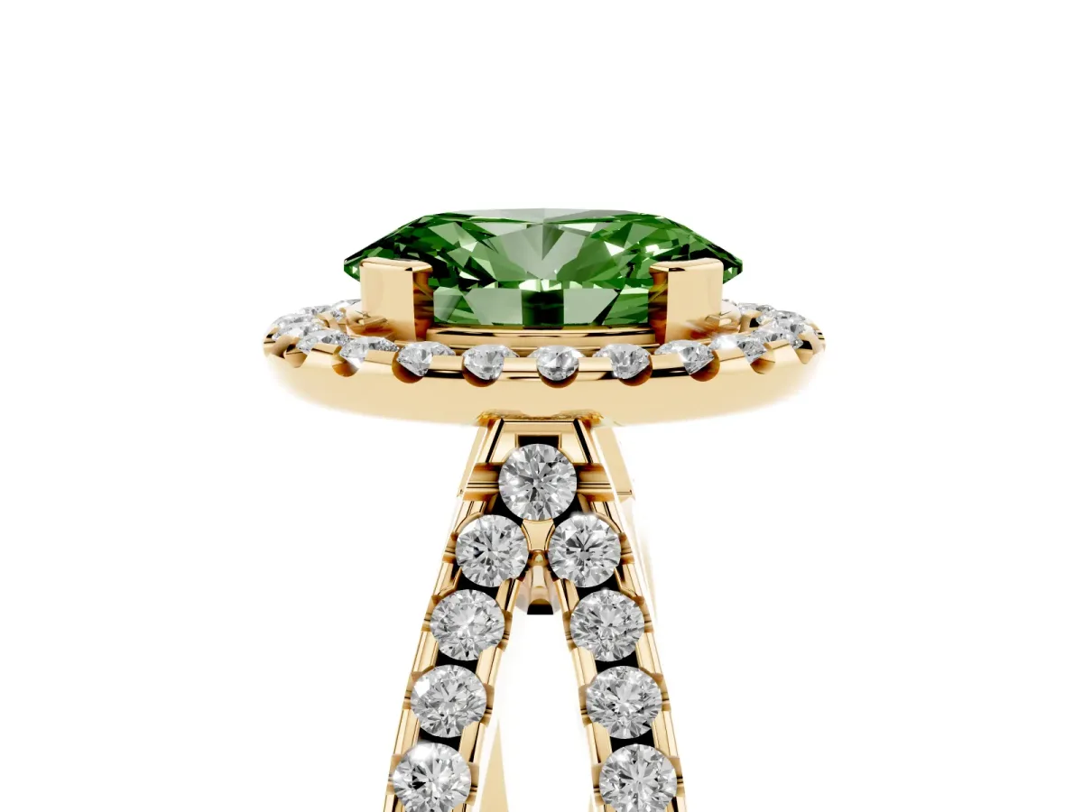 Fancy Green Oval Cut Diamond Halo Ring with Split Shank Pavé Band and Prong Setting Yellow gold